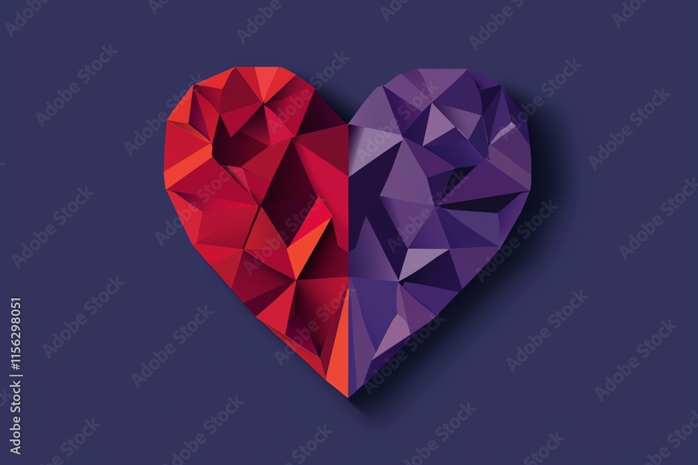 A stylized, geometric heart design split into red and purple halves, set against a dark blue background, symbolizing love and creativity. A stylized, geometric heart design split into red and purple halves, set against a dark blue background, symbolizing love and creativity.