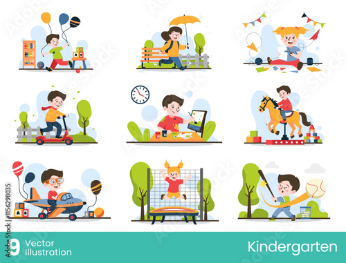 Kids playing outdoors having fun with stylish vector illustration