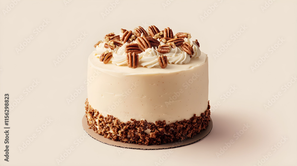 Decadent Carrot Cake with Cream Cheese Frosting and Pecan Garnish on a Minimalist Background Decadent Carrot Cake with Cream Cheese Frosting and Pecan Garnish on a Minimalist Background