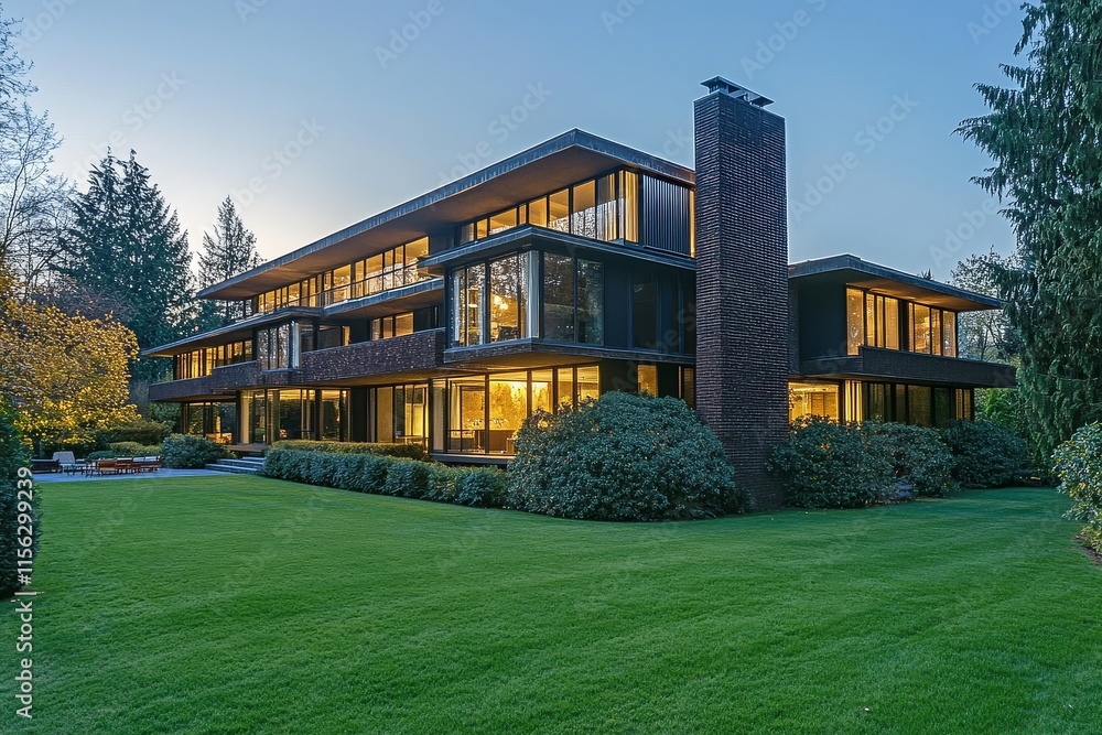 Obraz premium Large Three-Story Modernist House with Dark Brick and Glass Accents, Outdoor Seating Area, and Expansive Green Lawn at Dusk