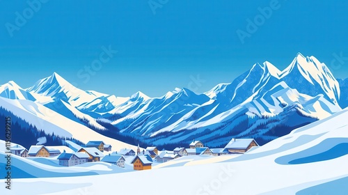Snowy Mountain Village Winter Scene Peaceful Landscape