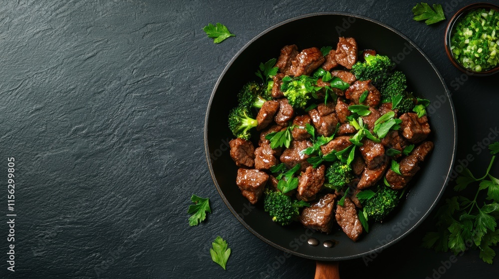 A savory dish of cooked beef chunks garnished with fresh herbs, presented in a black frying pan on a dark countertop. A savory dish of cooked beef chunks garnished with fresh herbs, presented in a black frying pan on a dark countertop.