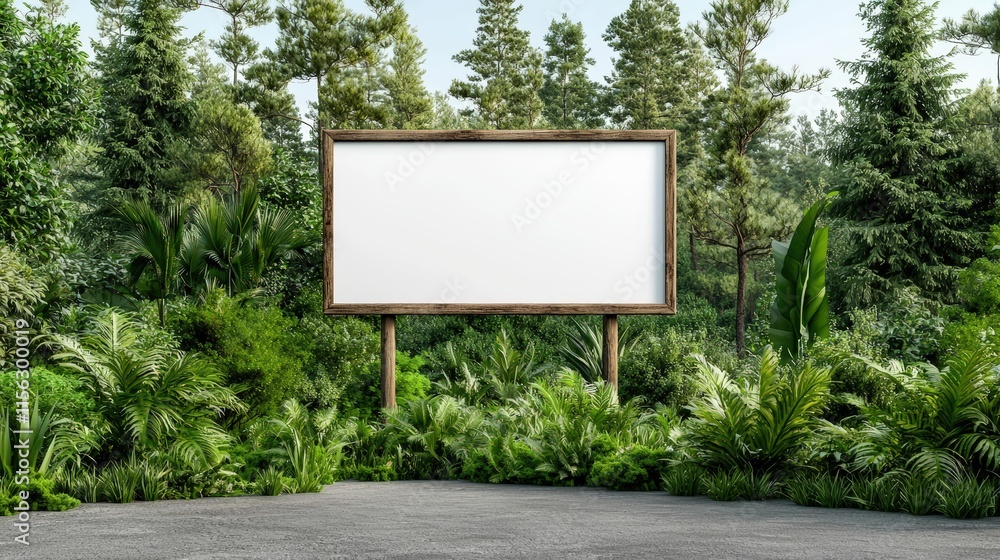 Fototapeta premium Empty Billboard Surrounded by Lush Green Jungle Under Bright Sunlight Highlighting Vibrant Nature Creating a Sense of Isolation and Opportunity