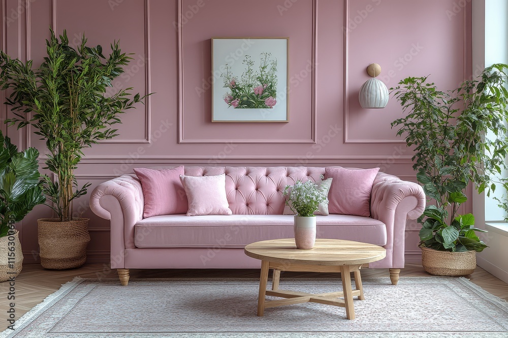 Fototapeta premium Modern Scandinavian Living Room with Pastel Pink and Grey Decor, Wooden Furniture, Plants, Sofa, and Wall Art