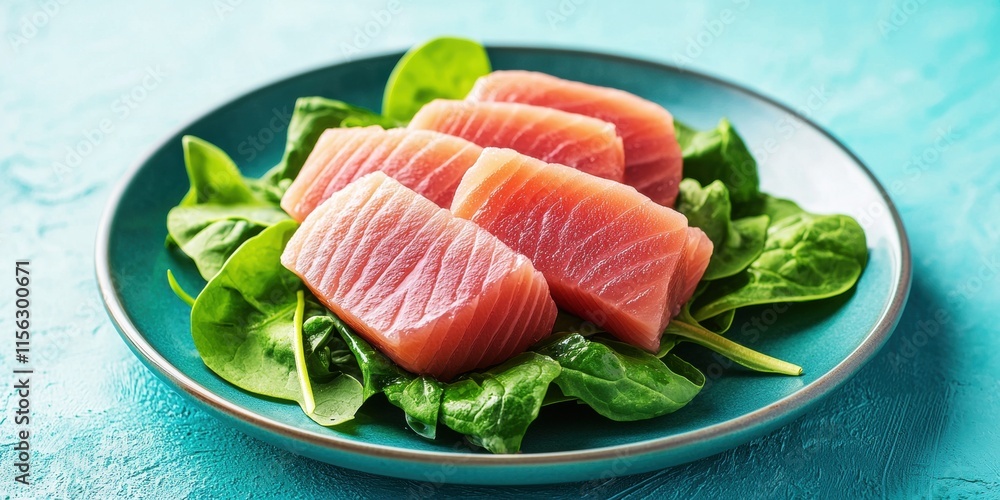 Fresh slices of pink fish served on a bed of vibrant spinach, showcasing a healthy and appetizing meal on a turquoise plate. Fresh slices of pink fish served on a bed of vibrant spinach, showcasing a healthy and appetizing meal on a turquoise plate.