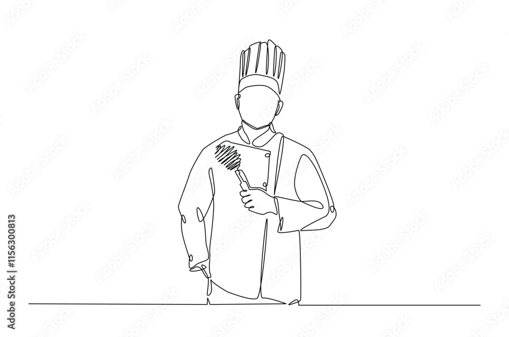 Professional chef continuous one line drawing. Chef wearing uniform and chef hat in single line art illustration. Editable vector. Professional chef continuous one line drawing. Chef wearing uniform and chef hat in single line art illustration. Editable vector.