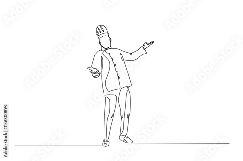 Professional chef continuous one line drawing. Chef wearing uniform and chef hat in single line art illustration. Editable vector.