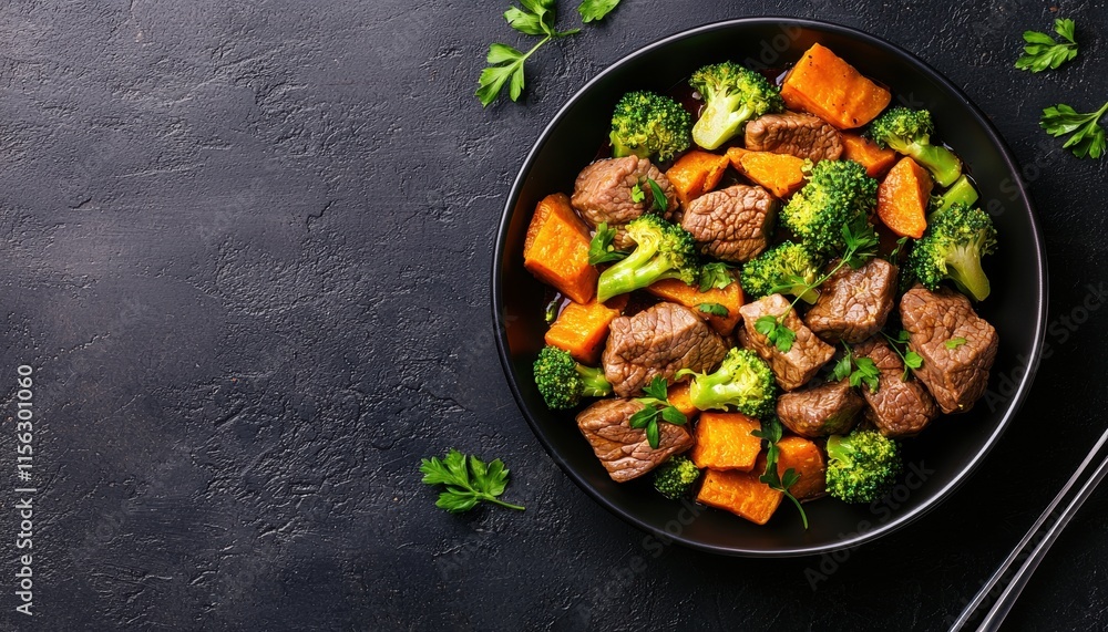A colorful dish of tender beef, broccoli, and sweet potatoes, garnished with fresh herbs, served in a sleek black bowl against a dark background. A colorful dish of tender beef, broccoli, and sweet potatoes, garnished with fresh herbs, served in a sleek black bowl against a dark background.