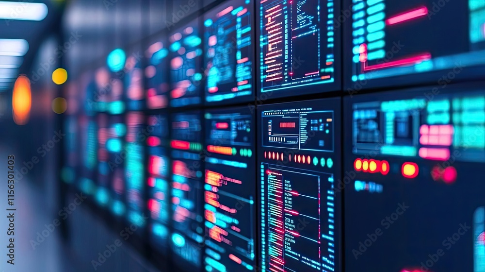 Operation center idea. High-tech server room with illuminated data screens and cables. Operation center idea. High-tech server room with illuminated data screens and cables.