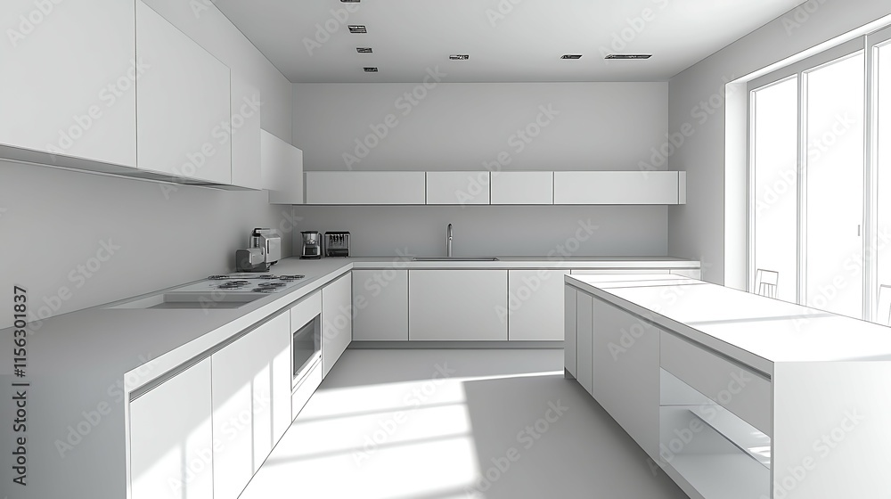 Image of a white modern kitchen in a house with a beautiful design Image of a white modern kitchen in a house with a beautiful design