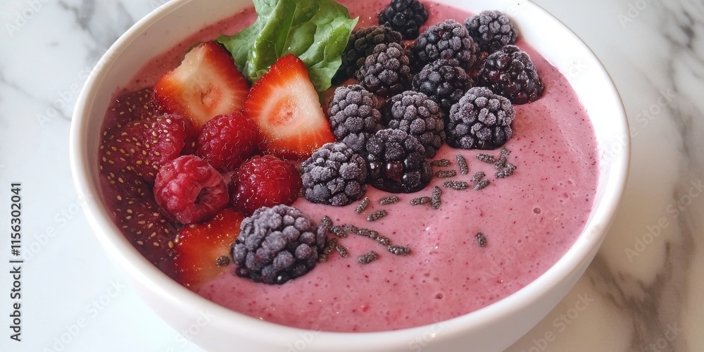A vibrant smoothie bowl topped with fresh strawberries, blackberries, raspberries, and a sprig of mint, served in a white bowl on a marble surface. A vibrant smoothie bowl topped with fresh strawberries, blackberries, raspberries, and a sprig of mint, served in a white bowl on a marble surface.