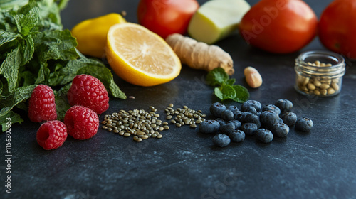 Fresh ingredients arranged on a dark surface for a healthy meal preparation. 