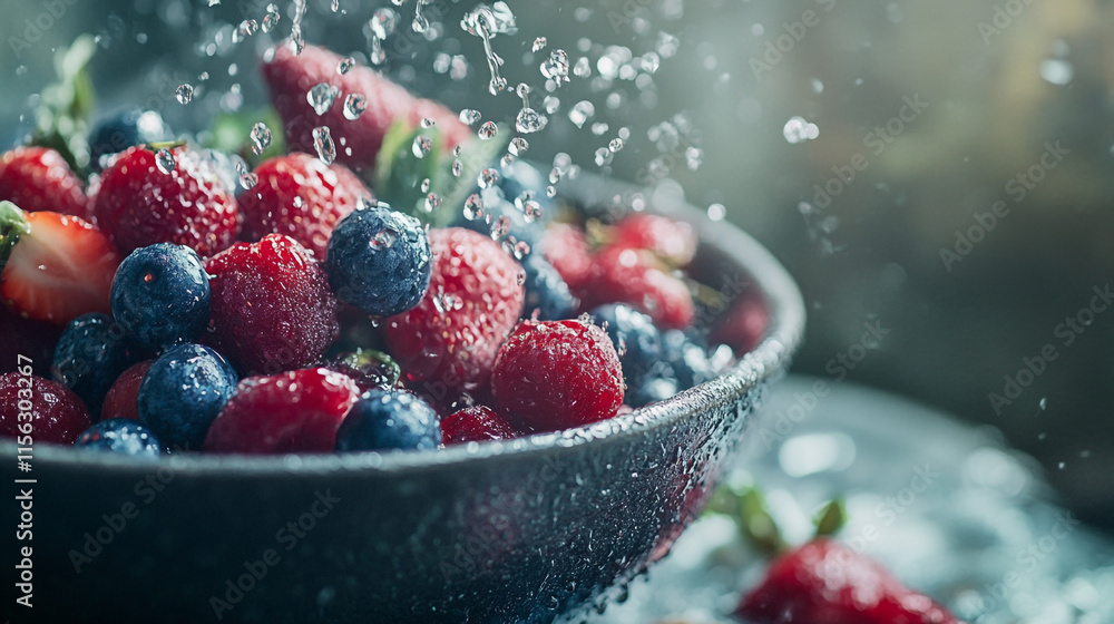 Fresh berries splashed with water in a bowl under natural light. Fresh berries splashed with water in a bowl under natural light.