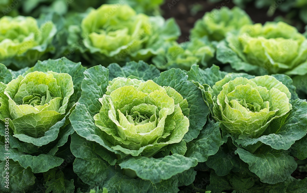 Rows of fresh green curly iceberg lettuce plants growing in an organic farm, showcasing healthy, natural vegetables in a natural garden setting Rows of fresh green curly iceberg lettuce plants growing in an organic farm, showcasing healthy, natural vegetables in a natural garden setting