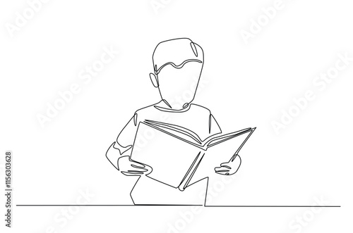 Boy reading a book continuous one line drawing. Person study by reading book in single line art illustration. Editable vector.