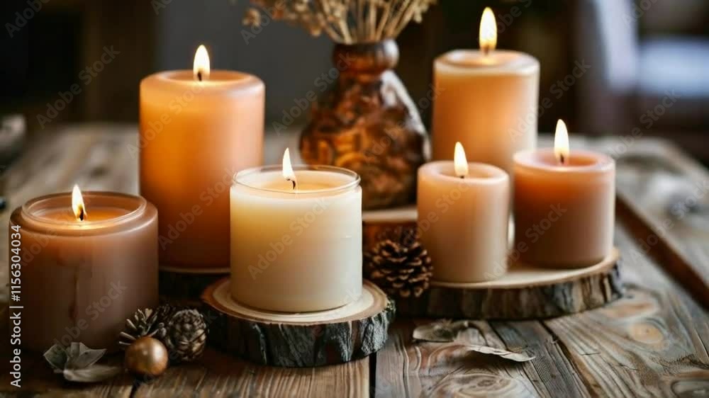 A serene arrangement of lit candles with natural decor, creating a warm, inviting atmosphere. A serene arrangement of lit candles with natural decor, creating a warm, inviting atmosphere.