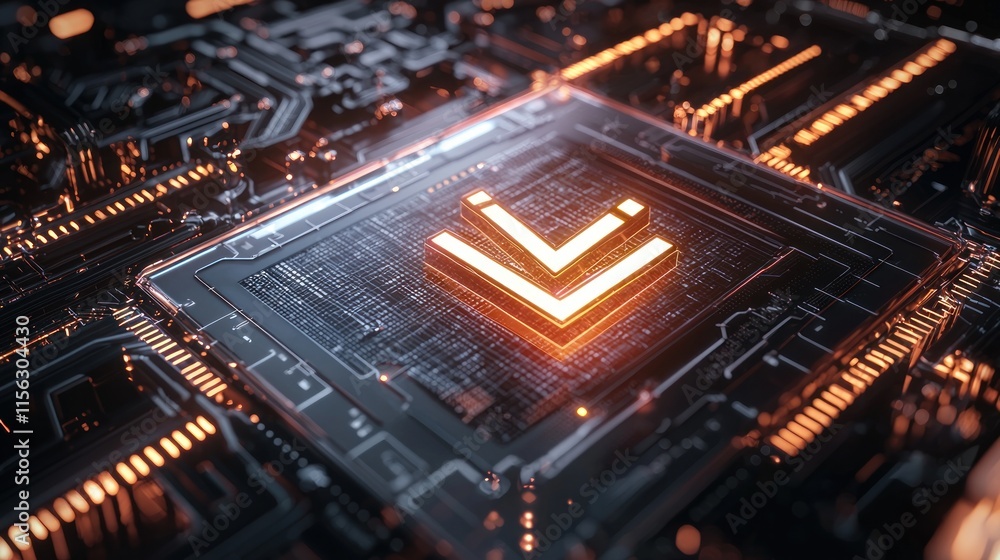 Fototapeta premium Glowing arrow symbol on a circuit board.