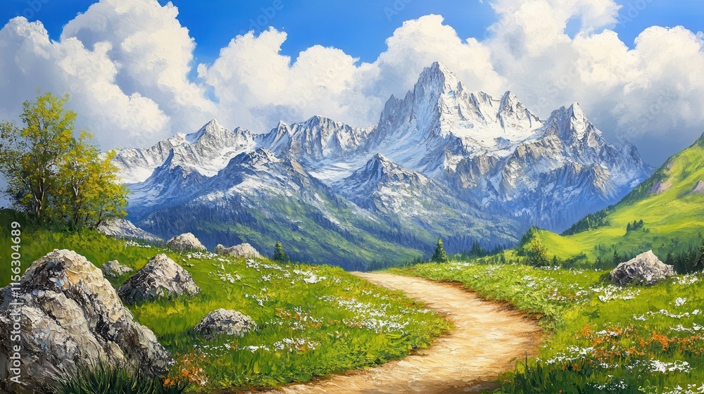 Majestic Mountain Landscape With Winding Path And Flowers Majestic Mountain Landscape With Winding Path And Flowers