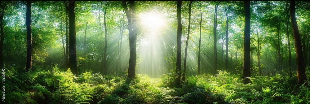 Fototapeta premium Serene Forest Panorama with Sunlight Filtering Through Lush Green Leaves and Ferns in a Tranquil Natural Setting