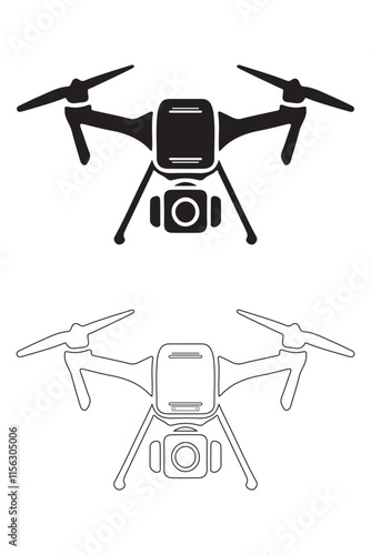 Simple black line art and fill illustration of a drone. This clean line drawing depicts a drone in a hovering position, showcasing its basic structure and camera.