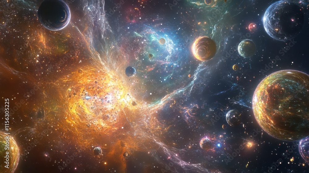 Obraz premium Breathtaking Cosmic Collision Vibrant Nebula, Exploding Planet, and Celestial Bodies in Deep Space