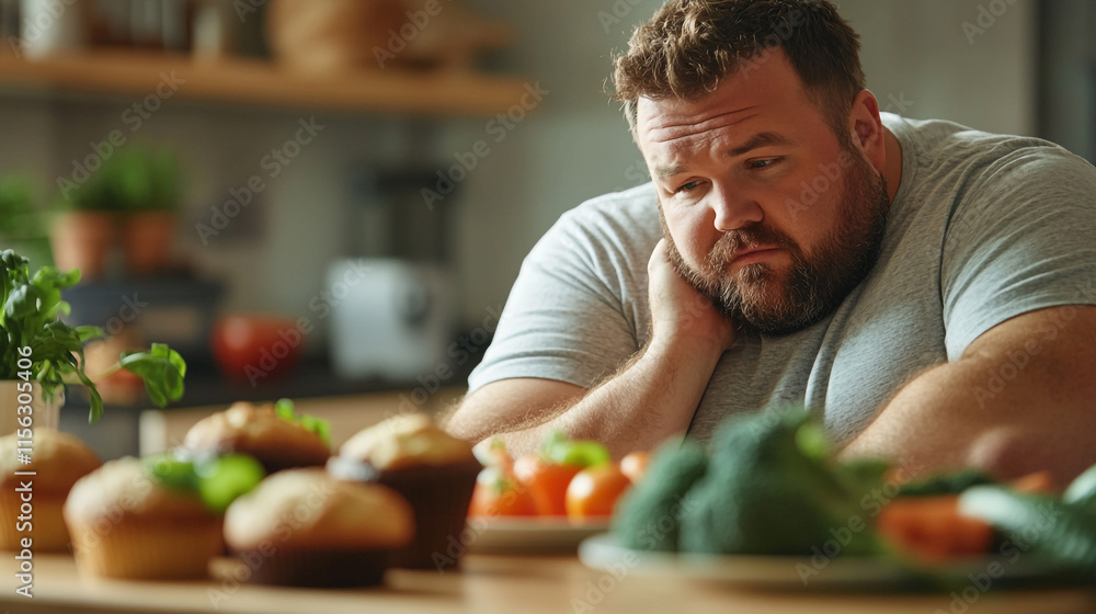 Man contemplating food choices in a kitchen with healthy ingredients and snacks. Man contemplating food choices in a kitchen with healthy ingredients and snacks.