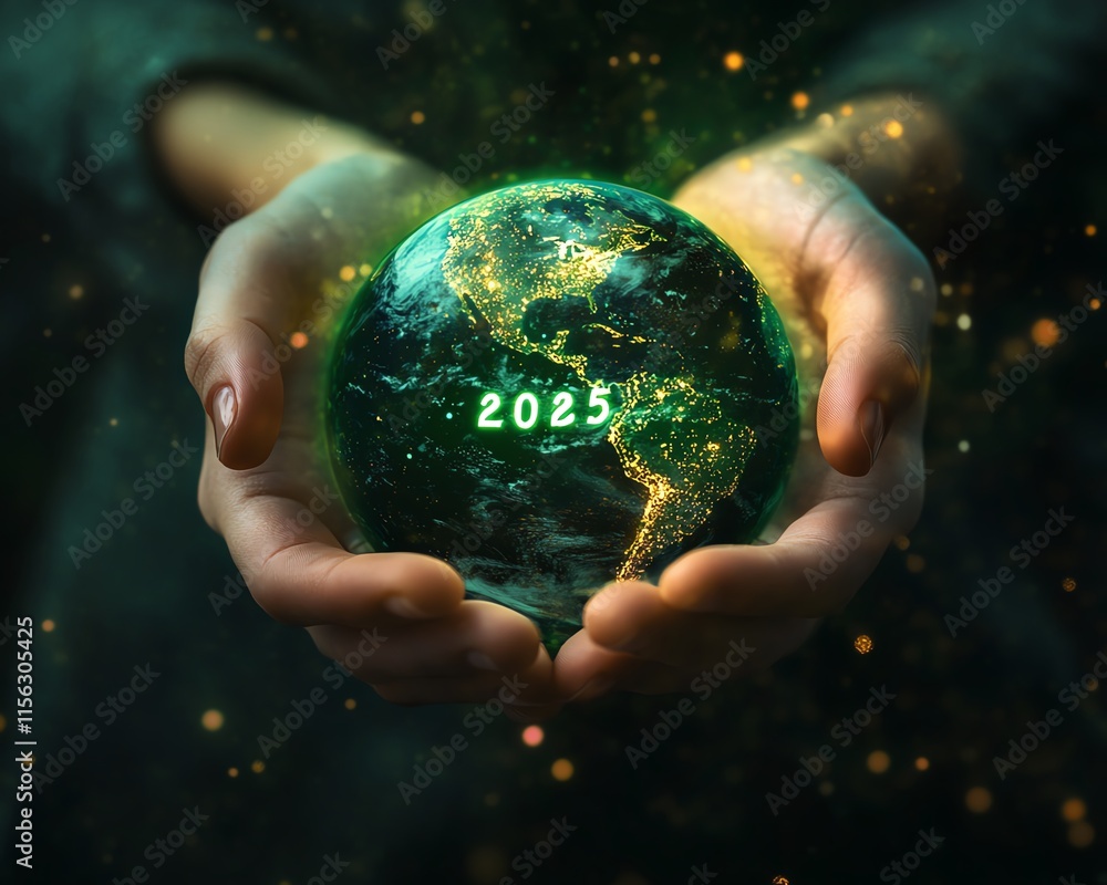 Artistic depiction of hands holding a shimmering green Earth inscribed with 2025, futuristic landscapes in the background, detailed textures, vibrant colors, dreamlike light Artistic depiction of hands holding a shimmering green Earth inscribed with 2025, futuristic landscapes in the background, detailed textures, vibrant colors, dreamlike light