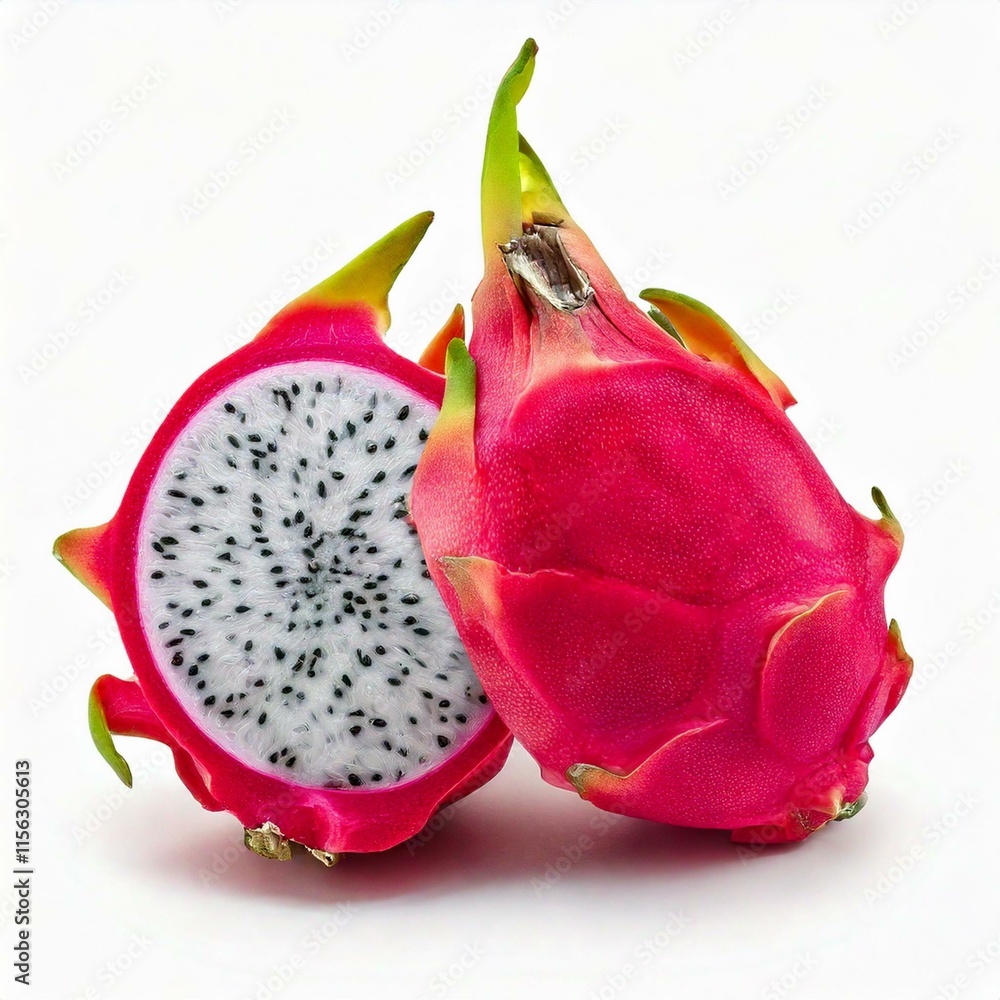 Generated image A High-resolution image of a Dragon frut with a halved section revealing the seeds and flesh Generated image A High-resolution image of a Dragon frut with a halved section revealing the seeds and flesh