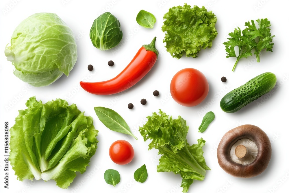 Variety of fresh vegetables including lettuce, tomato, cucumber, chili, mushrooms, and herbs arranged on a white background. Variety of fresh vegetables including lettuce, tomato, cucumber, chili, mushrooms, and herbs arranged on a white background.