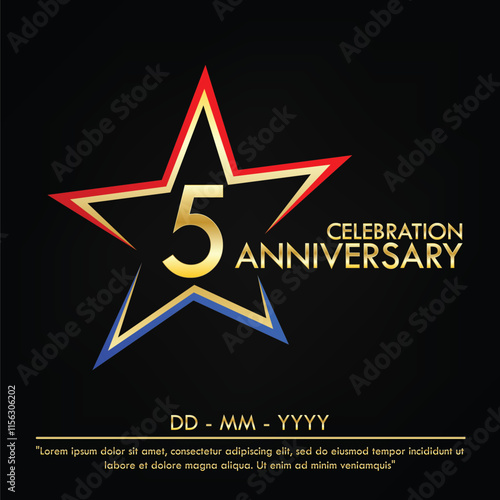 5th years anniversary celebration emblem. elegance golden anniversary logo with red and blue star shape. vector illustration template design for web, leaflet, flyer, greeting card