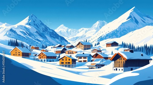 Alpine Village Nestled Among Snow Capped Mountains