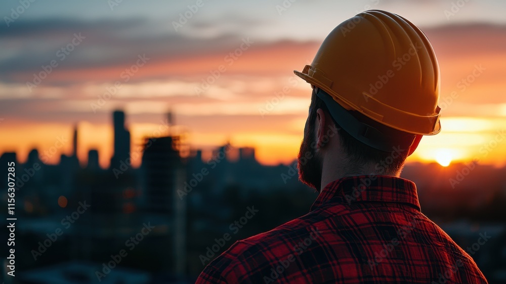 American freedom concept, worker in hard hat gazes at city skyline during sunset American freedom concept, worker in hard hat gazes at city skyline during sunset
