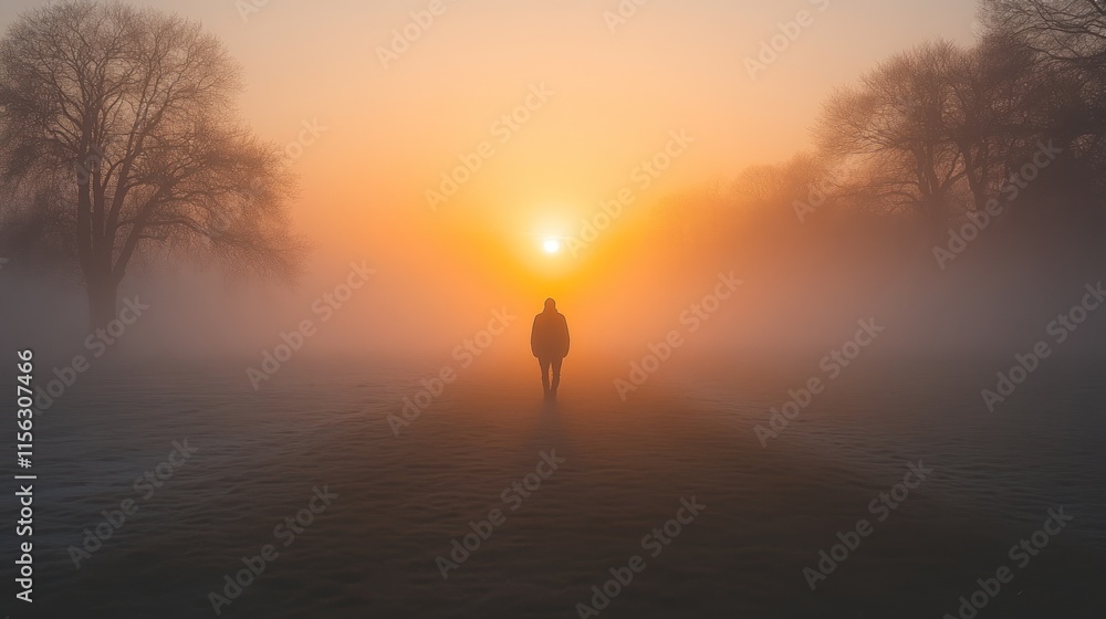 Fototapeta premium A solitary figure walks towards the rising sun in a foggy landscape.
