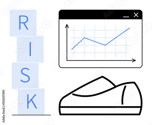 Stacked RISK blocks, upward trending graph, formal shoe icon. Ideal for business strategy, risk management, financial growth, productivity, corporate training, project planning, and performance