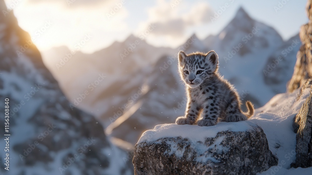 Obraz premium Adorable snow leopard cub perched on a snowy mountain peak at sunset.