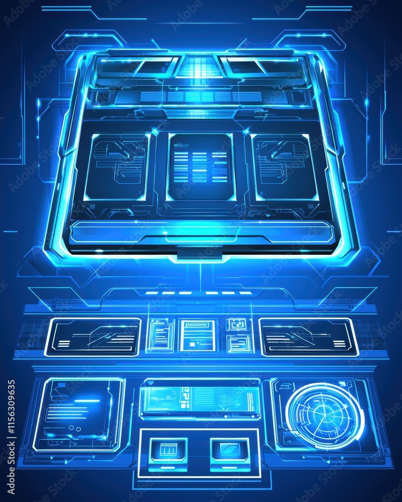 Futuristic Interface with Digital Elements and Blue Glow Effects Futuristic Interface with Digital Elements and Blue Glow Effects