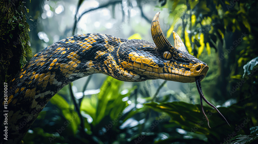 Obraz premium A gigantic, horned serpent with a flowing golden mane slithers through a dense, misty jungle, its scales shimmering in the dim light, exuding an aura of ancient power and mystery.
