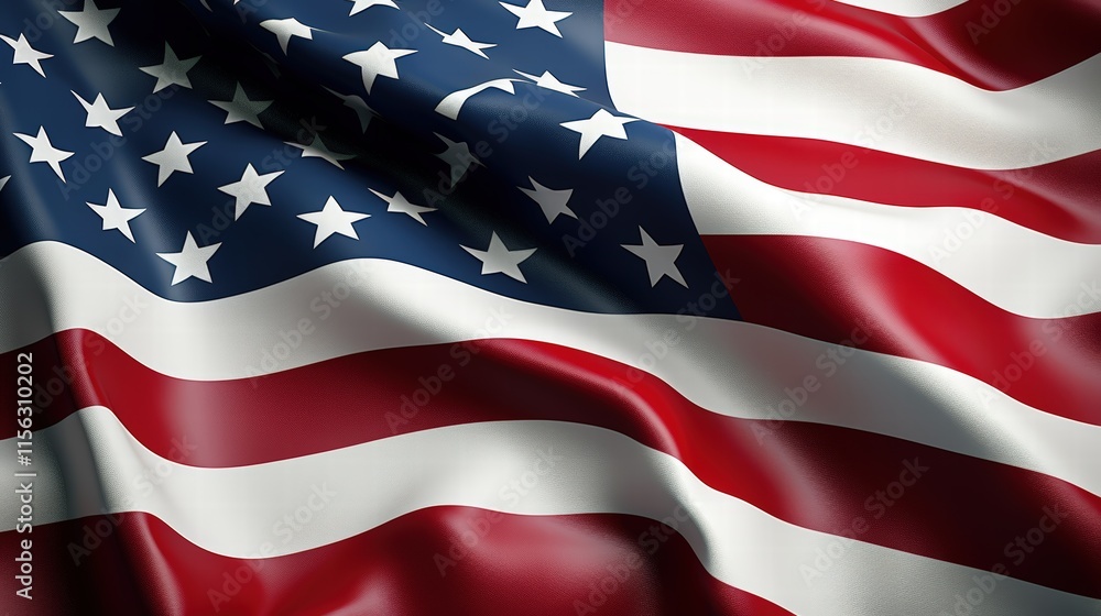 Fototapeta premium Detailed 3D Rendering of the American Flag with Dynamic Fabric Texture and Rich Color Contrast for Artistic Use and Visual Projects