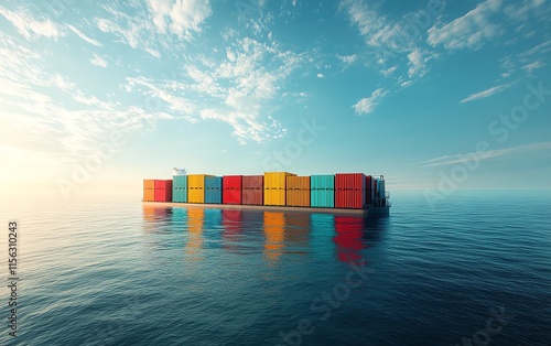 A cargo ship laden with colorful containers sailing on a sunlit sea, symbolizing global trade and the logistics supply chain, clear skies, highdetail, vibrant scene photo