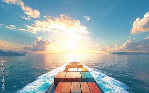 A cargo ship laden with colorful containers sailing on a sunlit sea, symbolizing global trade and the logistics supply chain, clear skies, highdetail, vibrant scene photo