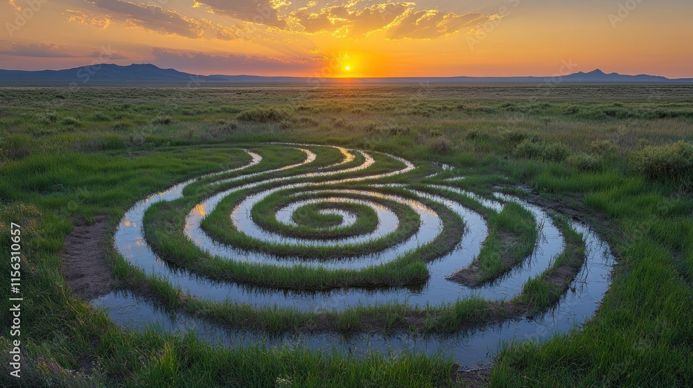 A spiral water feature in a grassy landscape at sunset, symbolizing tranquility and nature. A spiral water feature in a grassy landscape at sunset, symbolizing tranquility and nature.