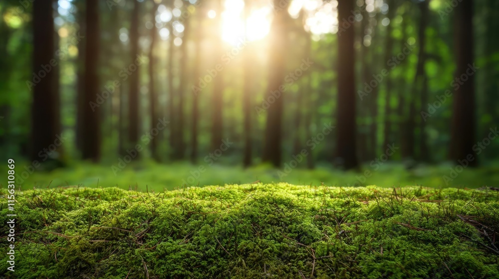 Moss forest concept. A serene forest scene with soft sunlight filtering through the trees onto lush green moss. Moss forest concept. A serene forest scene with soft sunlight filtering through the trees onto lush green moss.