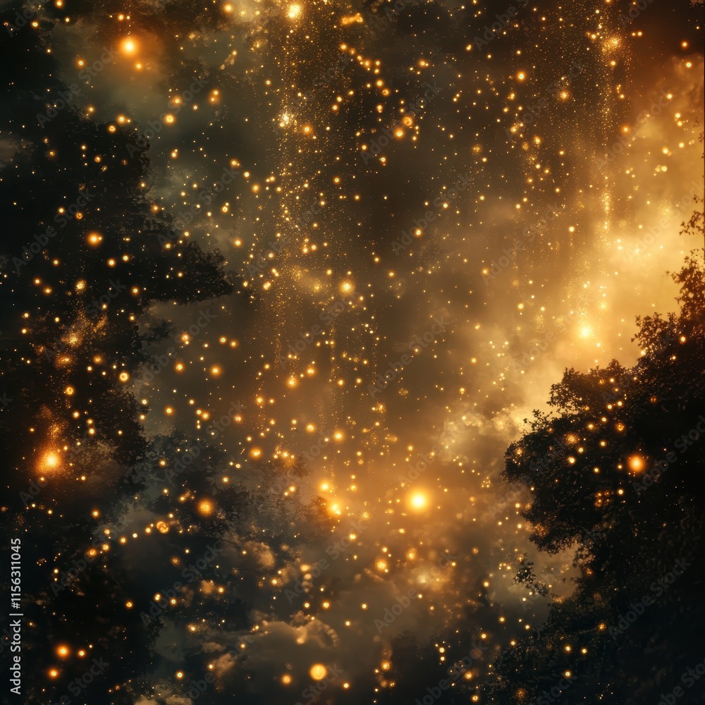 Fototapeta premium Ethereal Golden Nebula Abstract Space Background with Sparkling Lights and Dark Silhouettes of Trees