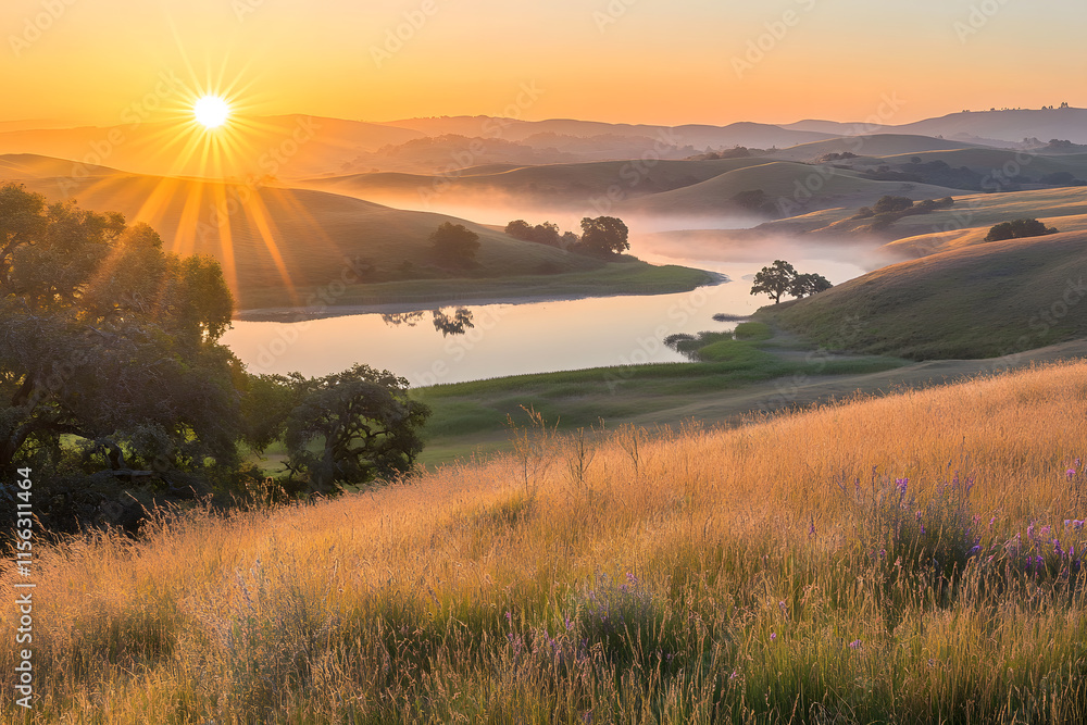 Serene landscape bathed in golden light from a bright, uplifting sunrise Serene landscape bathed in golden light from a bright, uplifting sunrise