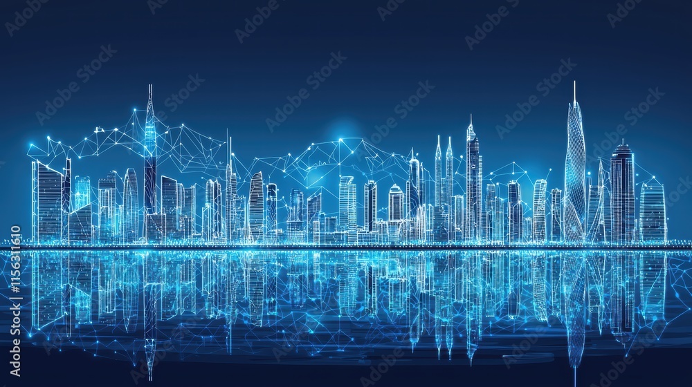 Fototapeta premium Futuristic City Skyline with Digital Connections and Reflection