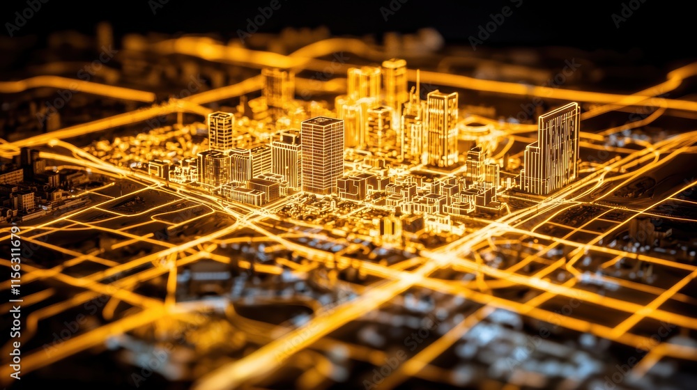 Obraz premium 3D City Model with Illuminated Roads and Buildings in Night View