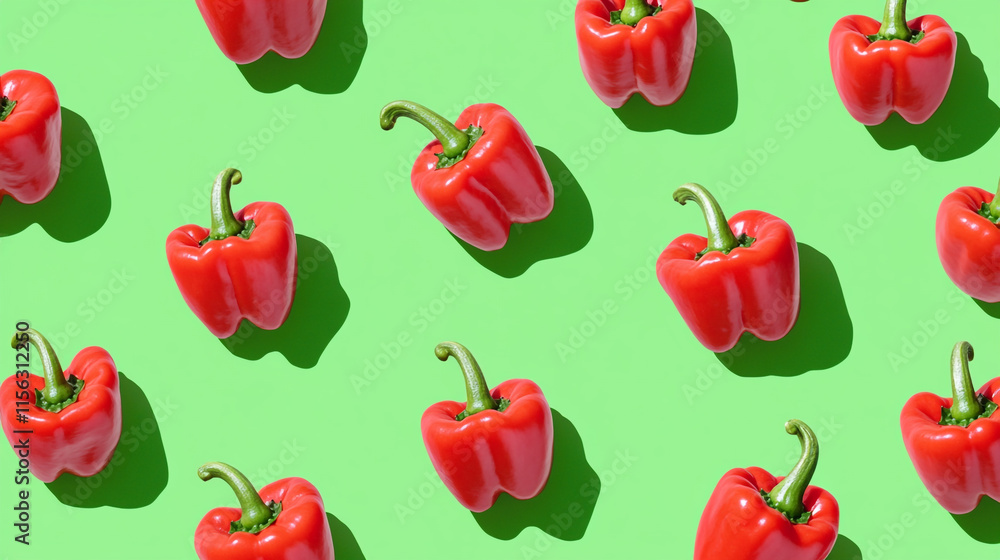 Bright red bell peppers arranged on a vibrant green background. Bright red bell peppers arranged on a vibrant green background.