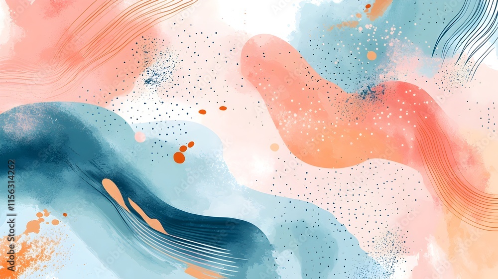 Fototapeta premium Abstract watercolor painting featuring flowing organic shapes in peach and blue tones with dotted accents