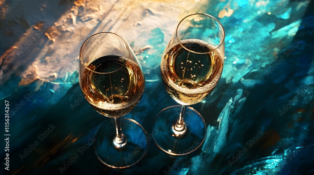 Two champagne flutes on artistic background.