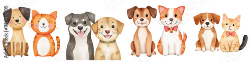 World spay day element, Cute cartoon dog and cat characters with smiley faces and vibrant colors, isolated on transparent background.